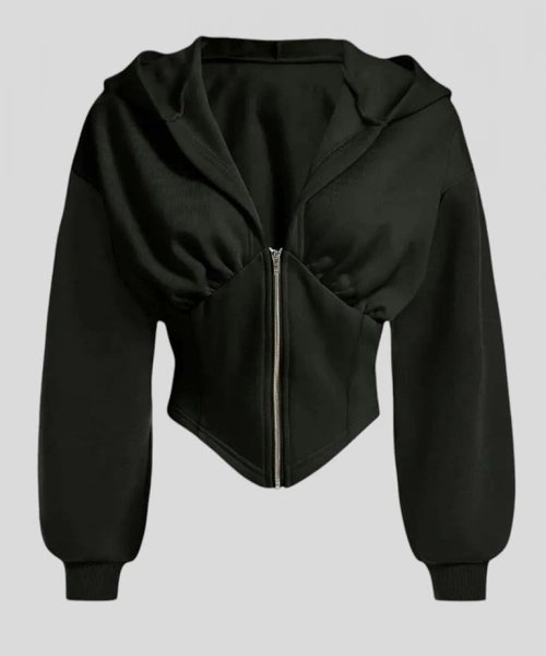 Siyah Uzun Kollu Korse Kesim Fermuarlı Ceket