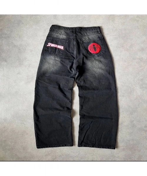 SİYAH YIKAMALI BAGGY KALIP SPİDER NAKIŞLI PANTOLON