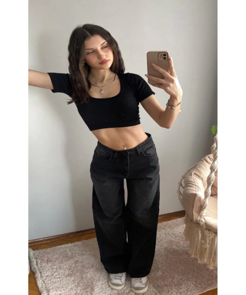 Siyah Yıkamalı Model Wide Leg Baggy Jean