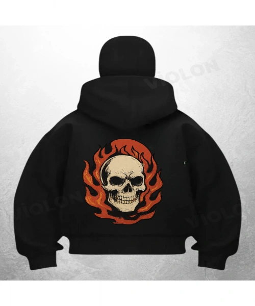 Skull Alev Baskılı Siyah Samuray Kar Maske Sweatshirt Hırka