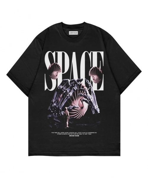 Space Baskılı Siyah Renk Oversize T-Shirt