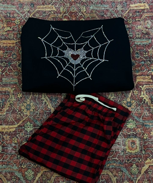 Spider Kalp Parıltılı Taşlı Sırt Baskılı Siyah Sweatshirt