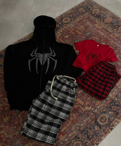 Spider Hırka ve Siyah Beyaz Ekose Eşofman Altı Alt Üst Takım
