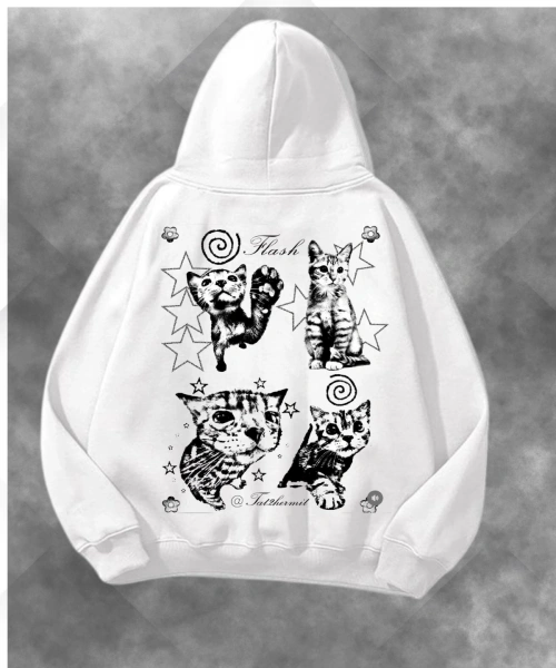 Star Cat Figür Baskılı Unisex Oversize Kapüşonlu Sweatshirt