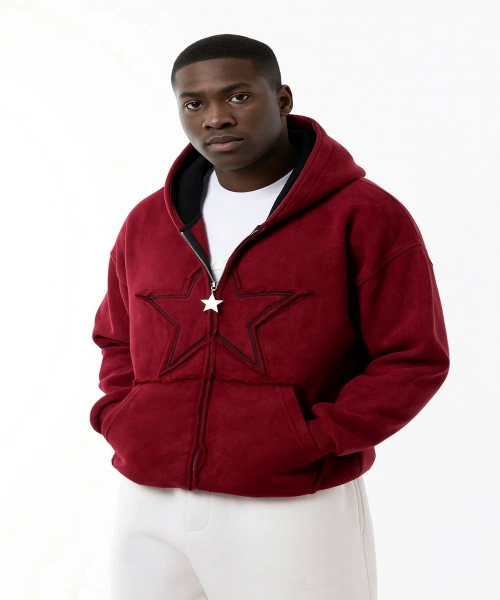 Star Washed Bordo Unisex Oversize Zip Hoodie