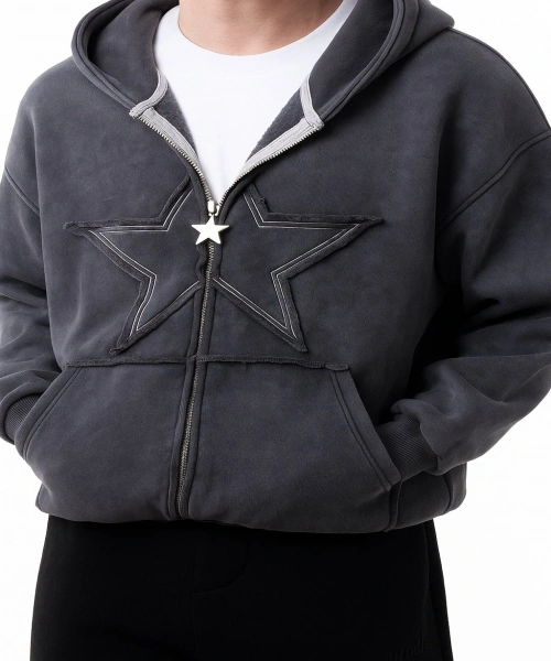 Star Washed Füme Unisex Oversize Zip Hoodie