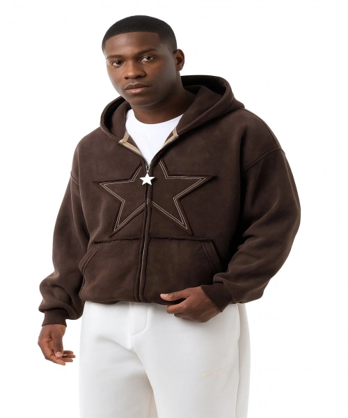 Star Washed Kahverengi Unisex Oversize Zip Hoodie