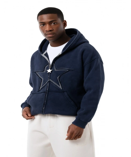 Star Washed Lacivert Unisex Oversize Zip Hoodie