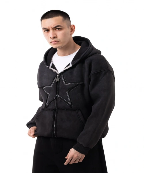 Star Washed Siyah Unisex Oversize Zip Hoodie