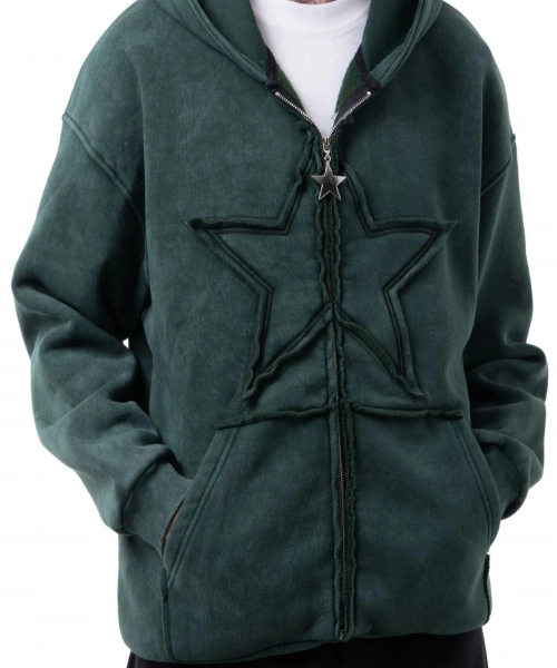 Star Washed Yeşil Unisex Oversize Zip Hoodie