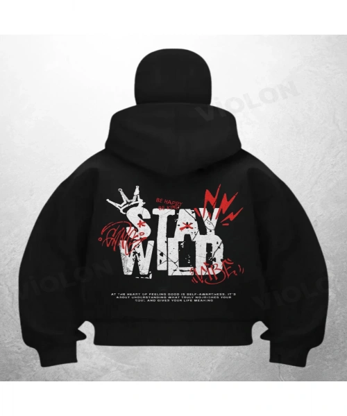 Stay Wild Baskılı Siyah Samuray Kar Maske Sweatshirt Hırka