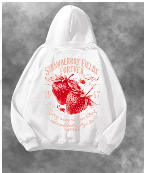StrawBerry Baskılı Unisex Oversize Kapüşonlu Sweatshirt