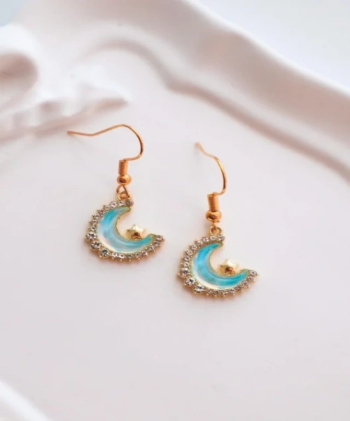 Taşlı Mavi Ay İthal Küpe