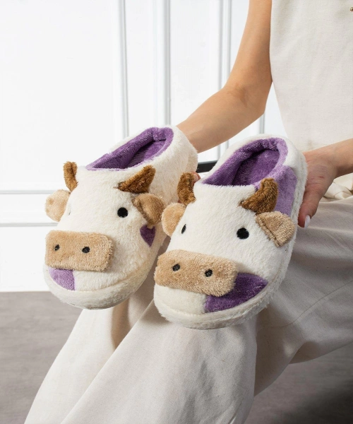 Tatlı İnek Lila Yumuşak Tüylü Peluş Panduf Terlik