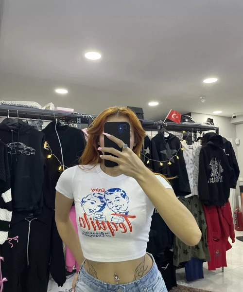 Tequila Baskılı beyaz renk crop top