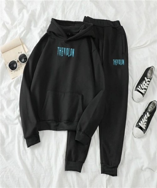 The Violon Collection Siyah Renk Mavi Baskılı Sweatshirt-Eşofman Alt Takım