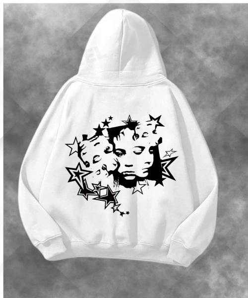 Yıldızlı Yüz Baskılı Unisex Oversize Kapüşonlu Sweatshirt