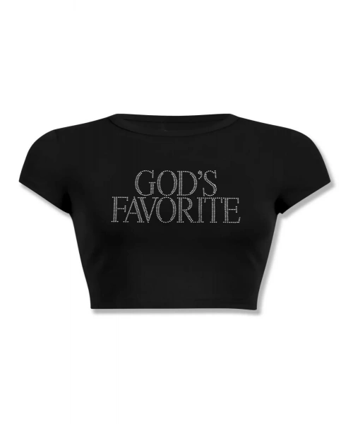 Unisex Gods Favorite Taş Baskılı Crop Siyah