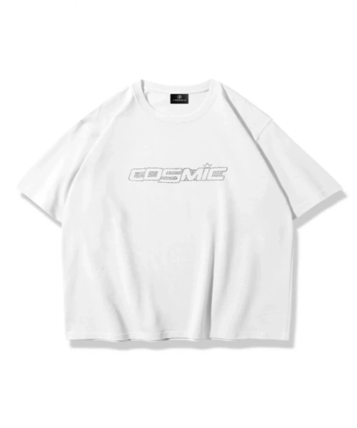 Unisex Cosmic Taş Baskılı Beyaz Oversize Tshirt