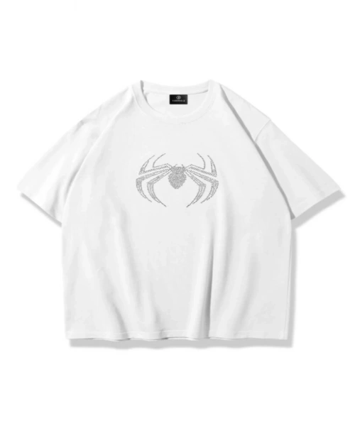 Unisex Spider Taş Baskılı Beyaz Oversize Tshirt