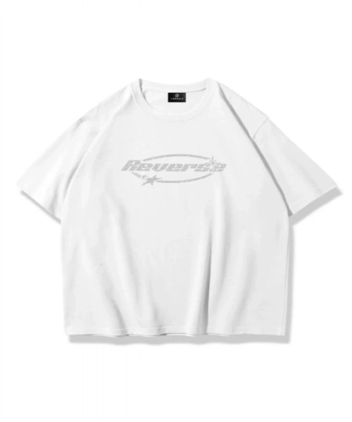 Unisex Reverse Taş Baskılı Beyaz Oversize Tshirt