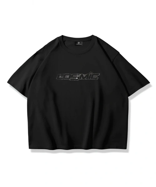 Unisex Cosmic Taş Baskılı Siyah Oversize Tshirt