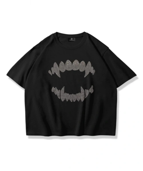 Unisex Teeth Taş Baskılı Siyah Oversize Tshirt