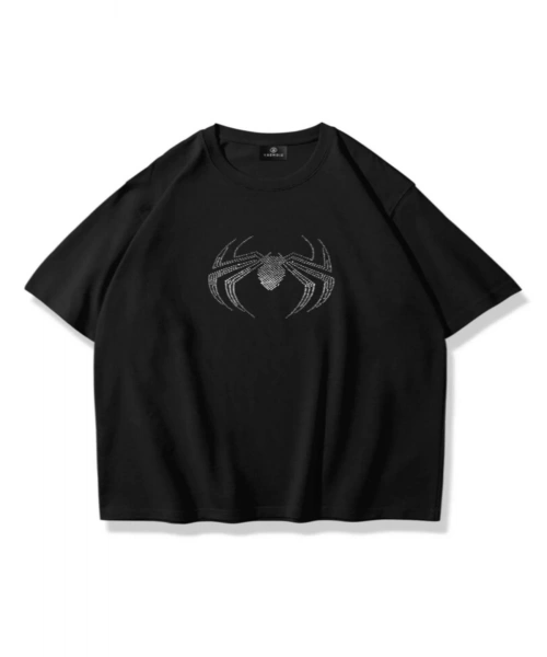Unisex Spider Taş Baskılı Siyah Oversize Tshirt