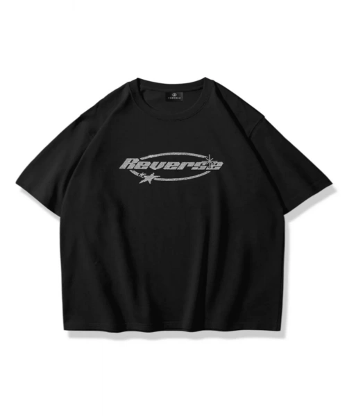 Unisex Reverse Taş Baskılı Siyah Oversize Tshirt