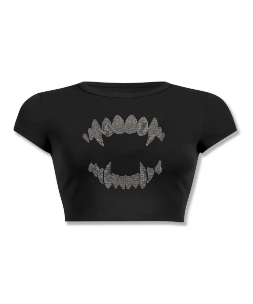 Unisex Teeth Taş Baskılı Crop Siyah
