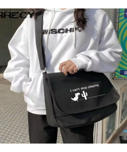 Very Kind Dinosaur Game Baskılı Unisex Siyah Postacı Çantası