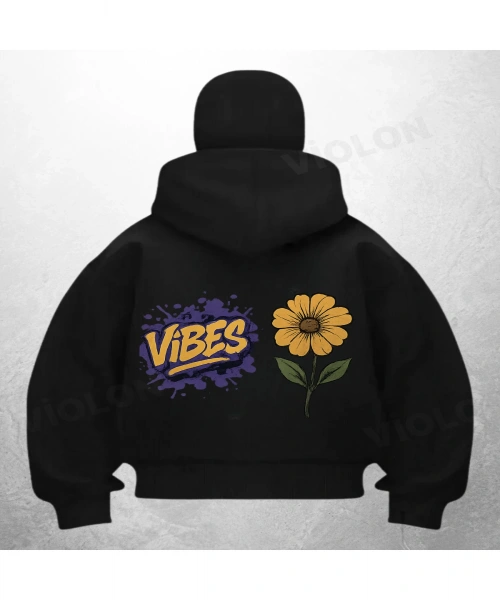Vibes Flower Baskılı Siyah Samuray Kar Maske Sweatshirt Hırka