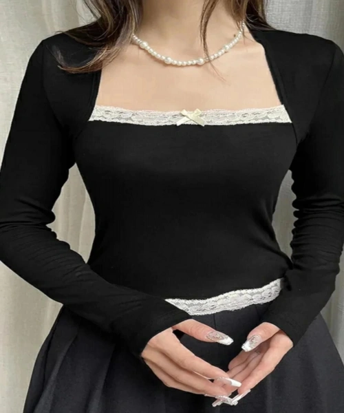 Vintage Dantel Detaylı Siyah Uzun Kollu Bluz