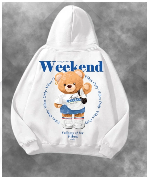 Weekend Bear Baskılı Unisex Oversize Kapüşonlu Sweatshirt