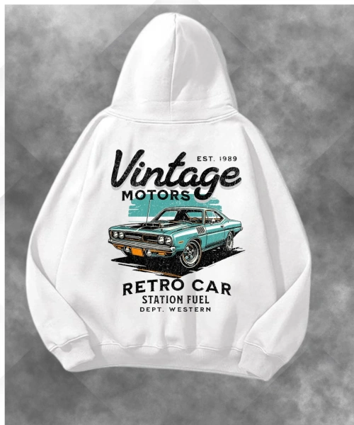 Vintage Retro Car Baskılı Unisex Oversize Kapüşonlu Sweatshirt