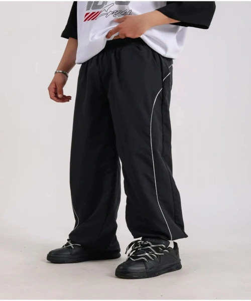 Vintage Siyah Baggy Paraşüt Kumaş Zip Detay Unisex Eşofman Altı