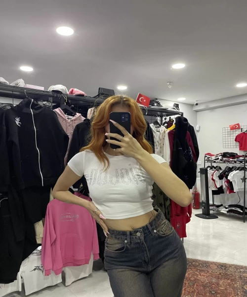 Violon taş baskılı beyaz renk crop top