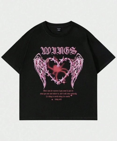 Wines Heart Baskılı Siyah Renk Oversize T-Shirt