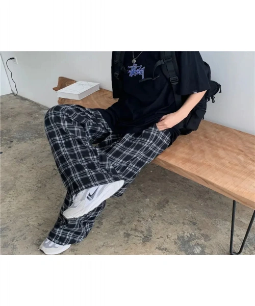 Y2K Harajuku Siyah Beyaz Unisex Ekose Pijama Eşofman Altı Rahat Kesim Relax