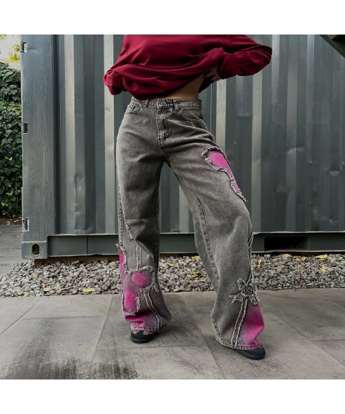 Y2K Kelebek Desenli Nakışlı Baggy Pantolon