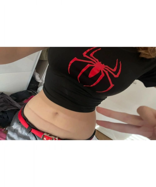 Y2K Kırmızı örümcek adam Baskılı Kısa Kollu Siyah Crop Body