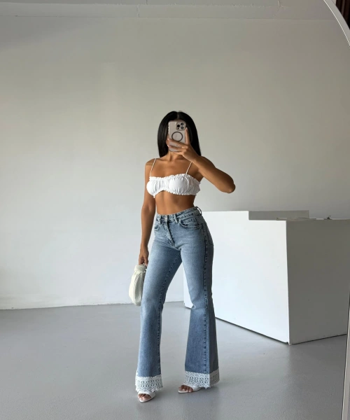 Y2k Lace Detail Jean Pantolon