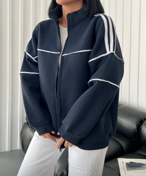 Y2k Lacivert Oversize 3 İplik Line Detail Ceket