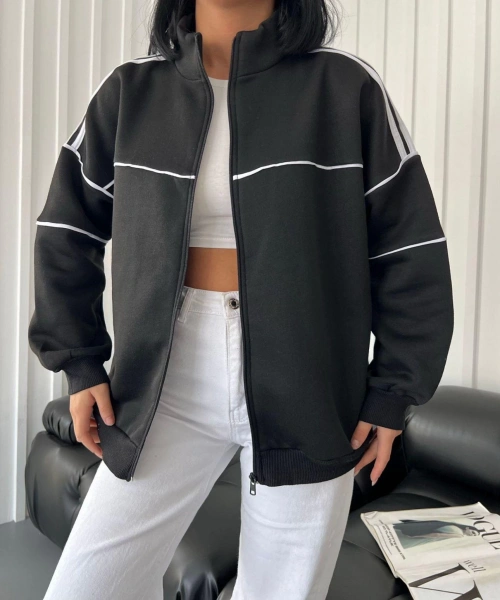 Y2k Siyah Oversize 3 İplik Line Detail Ceket