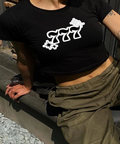 Y2K Sokak Stili 777 Aldım Verdim Kabul Ettim Baskılı Kısa Kollu Siyah Crop Body