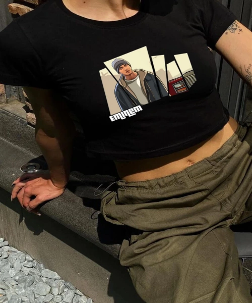 Y2K Sokak Stili Eminem Gta Model Baskılı Kısa Kollu Siyah Crop Body