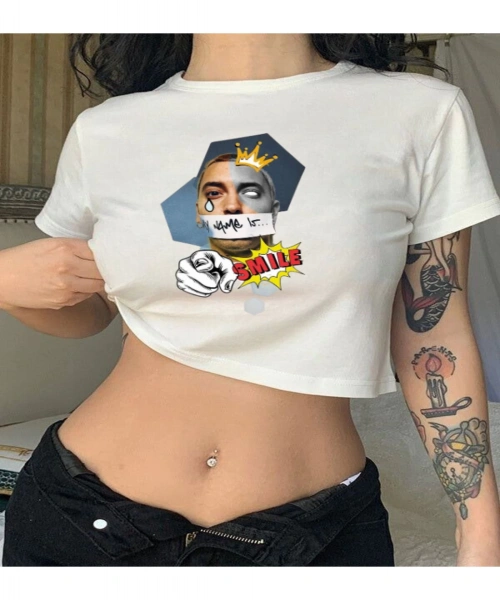 Y2K Sokak Stili Eminem My Name İs ... Baskılı Kısa Kollu Beyaz Crop Body