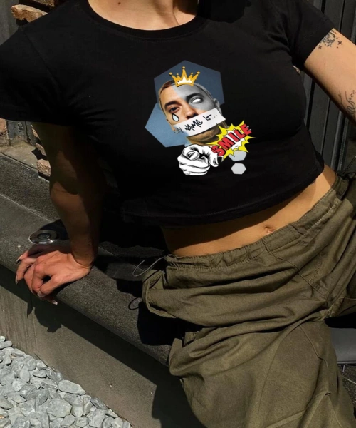 Y2K Sokak Stili Eminem My Name İs ... Baskılı Kısa Kollu Siyah Crop Body