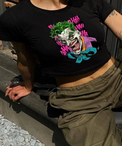 Y2K Sokak Stili Joker HA HA HA Gülüş Baskılı Kısa Kollu Siyah Crop Body