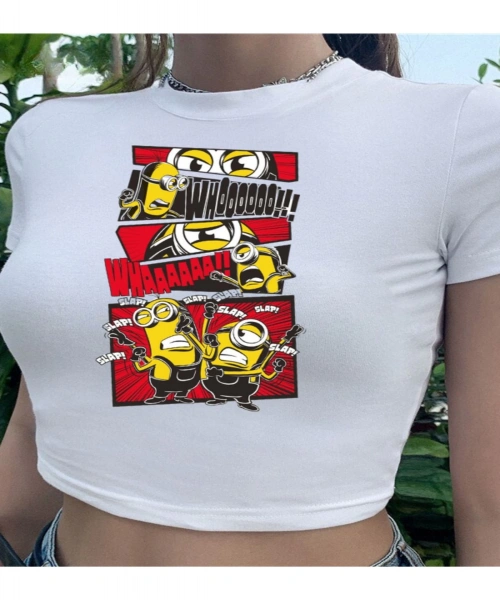 Y2K Sokak Stili Karikatür Desenli Minionlar Baskılı Kısa Kollu Beyaz Crop Body